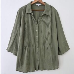 Woman‎ Within Crinkle Roll Tab Button Up Top Sz 2X Gauzy Pintuck Boho Lagenlook